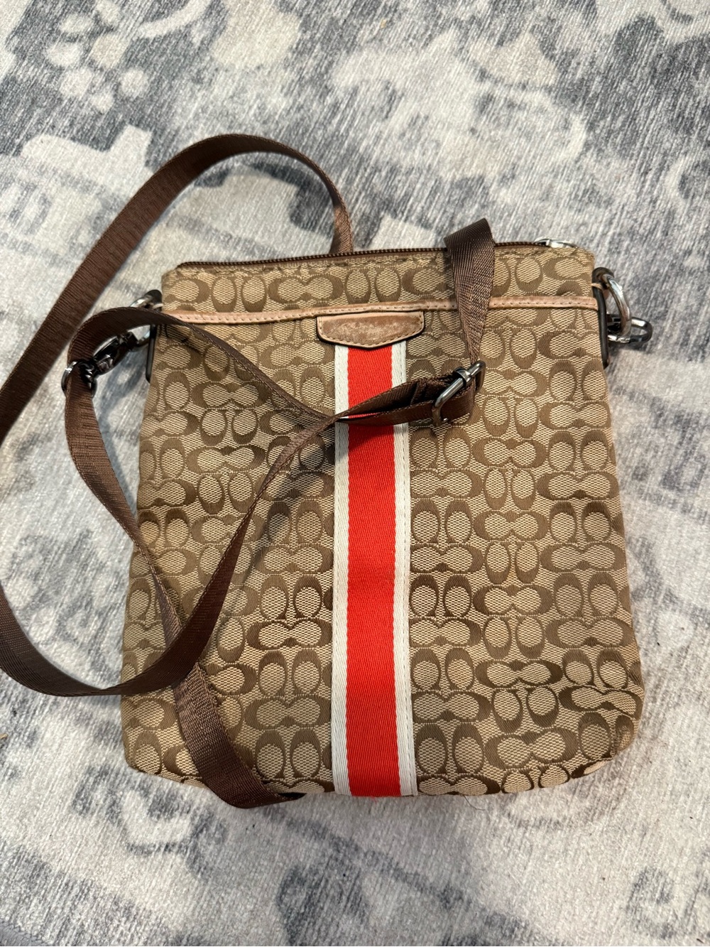 Coach Signature Stripe File Crossbody Bag Khaki Brown Canvas Leather
